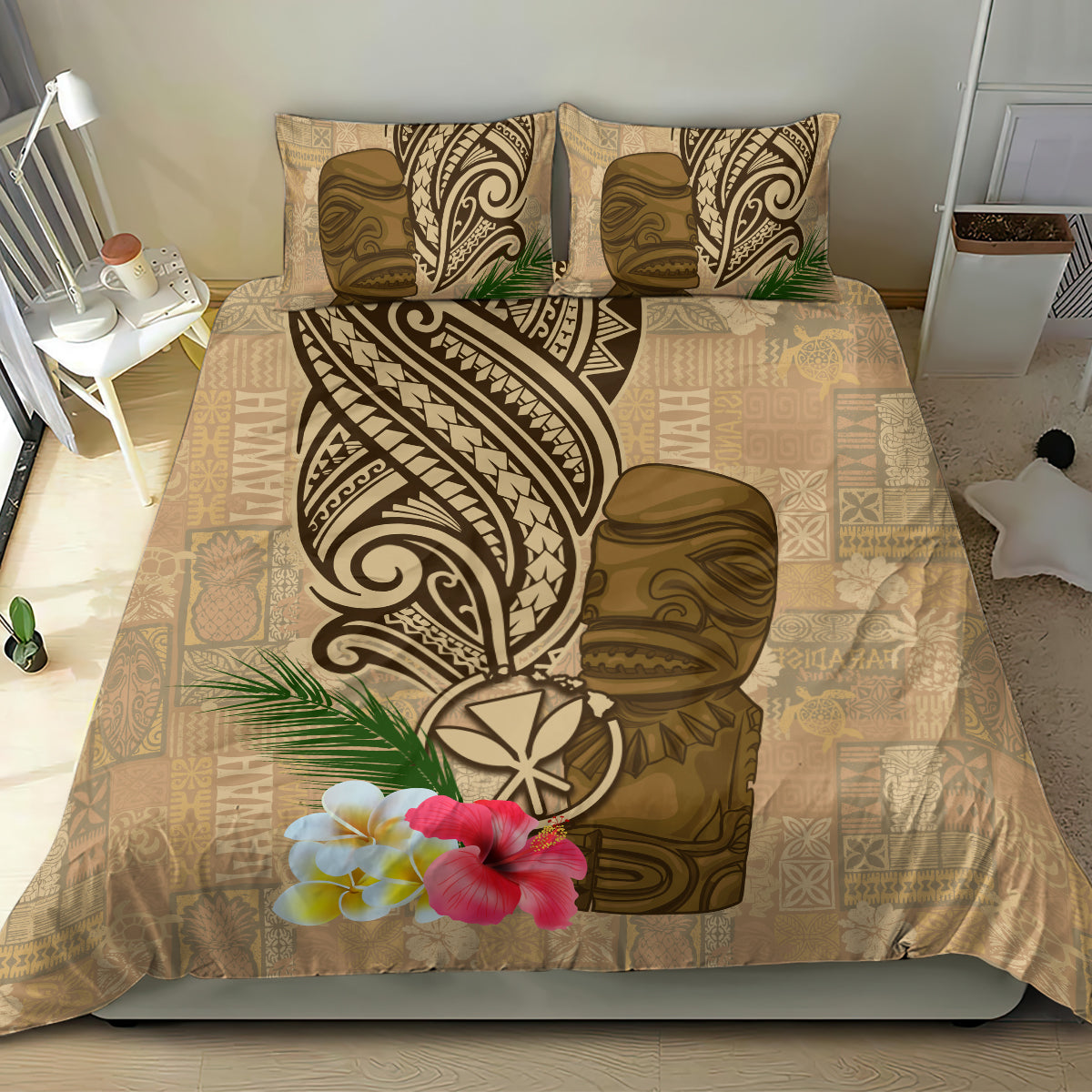 Hawaii Kanaloa Tiki Bedding Set Polynesian Tattoo and Tapa Pattern