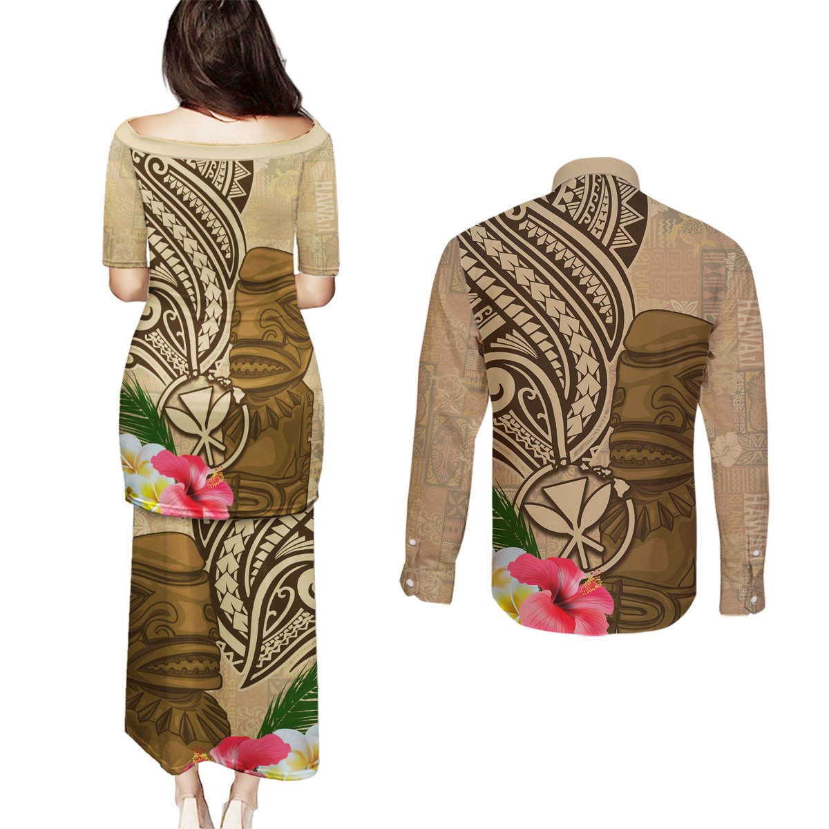 Hawaii Kanaloa Tiki Couples Matching Puletasi and Long Sleeve Button Shirt Polynesian Tattoo and Tapa Pattern LT03 - Polynesian Pride