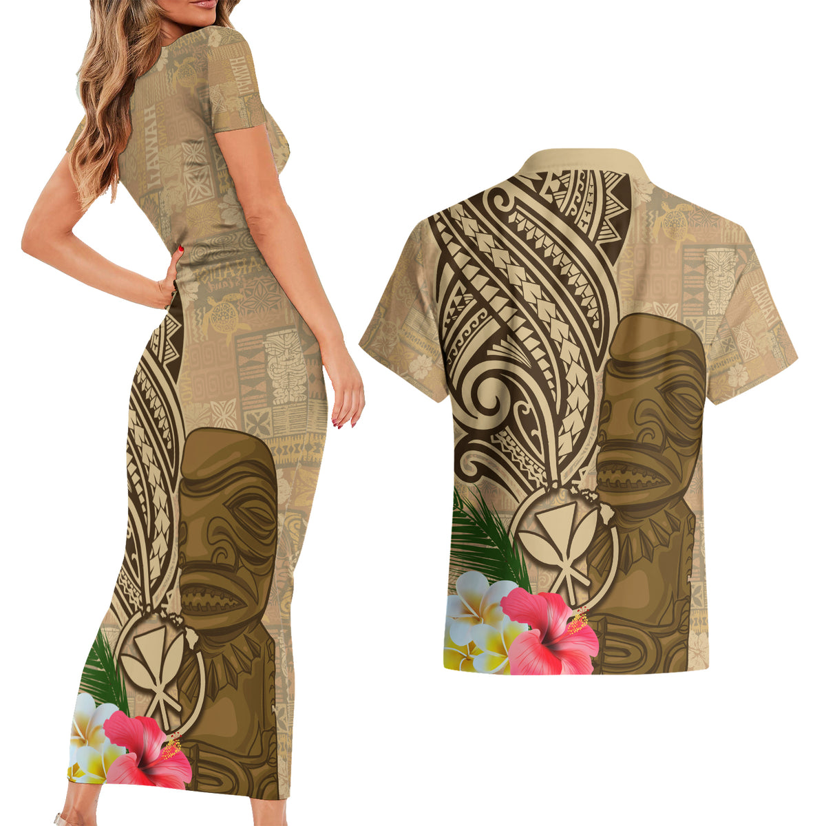 Hawaii Kanaloa Tiki Couples Matching Short Sleeve Bodycon Dress and Hawaiian Shirt Polynesian Tattoo and Tapa Pattern