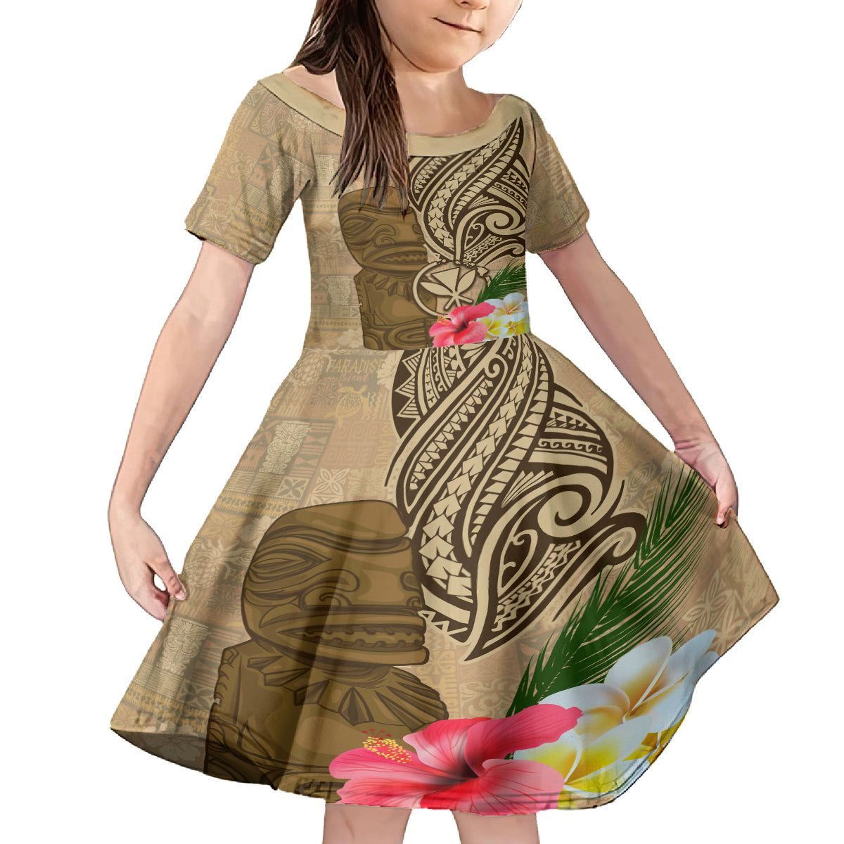 Hawaii Kanaloa Tiki Family Matching Long Sleeve Bodycon Dress and Hawaiian Shirt Polynesian Tattoo and Tapa Pattern LT03 Daughter's Dress Beige - Polynesian Pride