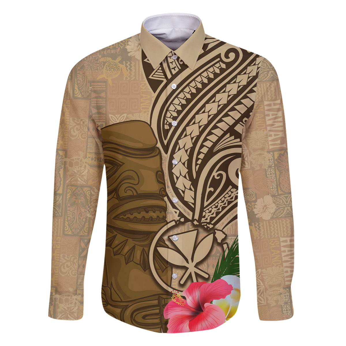 Hawaii Kanaloa Tiki Family Matching Long Sleeve Bodycon Dress and Hawaiian Shirt Polynesian Tattoo and Tapa Pattern LT03 Dad's Shirt - Long Sleeve Beige - Polynesian Pride