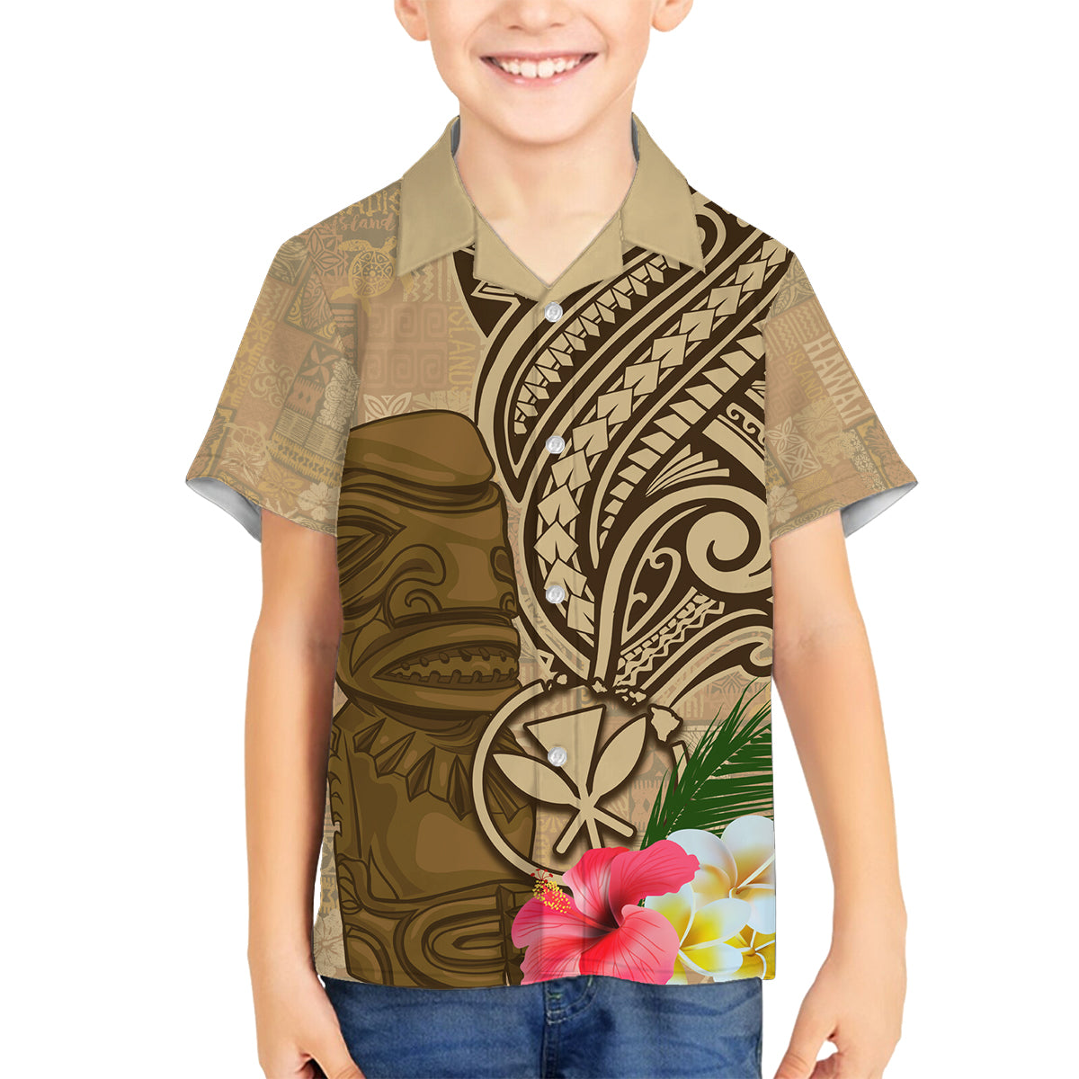 Hawaii Kanaloa Tiki Family Matching Long Sleeve Bodycon Dress and Hawaiian Shirt Polynesian Tattoo and Tapa Pattern LT03 Son's Shirt Beige - Polynesian Pride