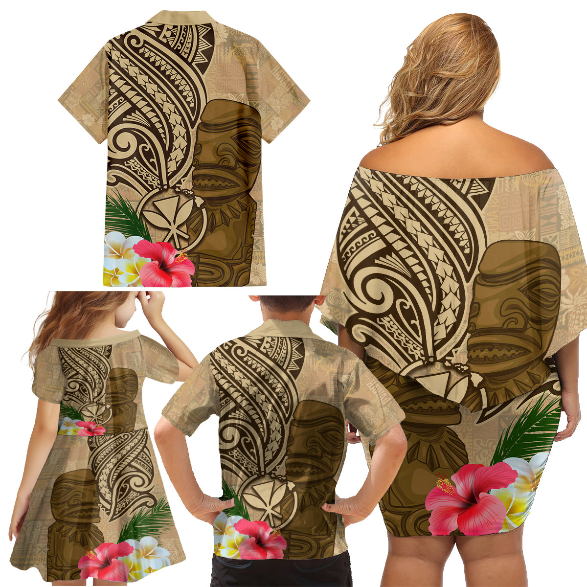 Hawaii Kanaloa Tiki Family Matching Off Shoulder Short Dress and Hawaiian Shirt Polynesian Tattoo and Tapa Pattern