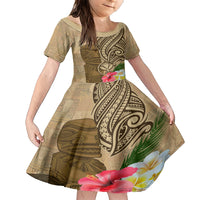 Hawaii Kanaloa Tiki Family Matching Short Sleeve Bodycon Dress and Hawaiian Shirt Polynesian Tattoo and Tapa Pattern LT03 Daughter's Dress Beige - Polynesian Pride