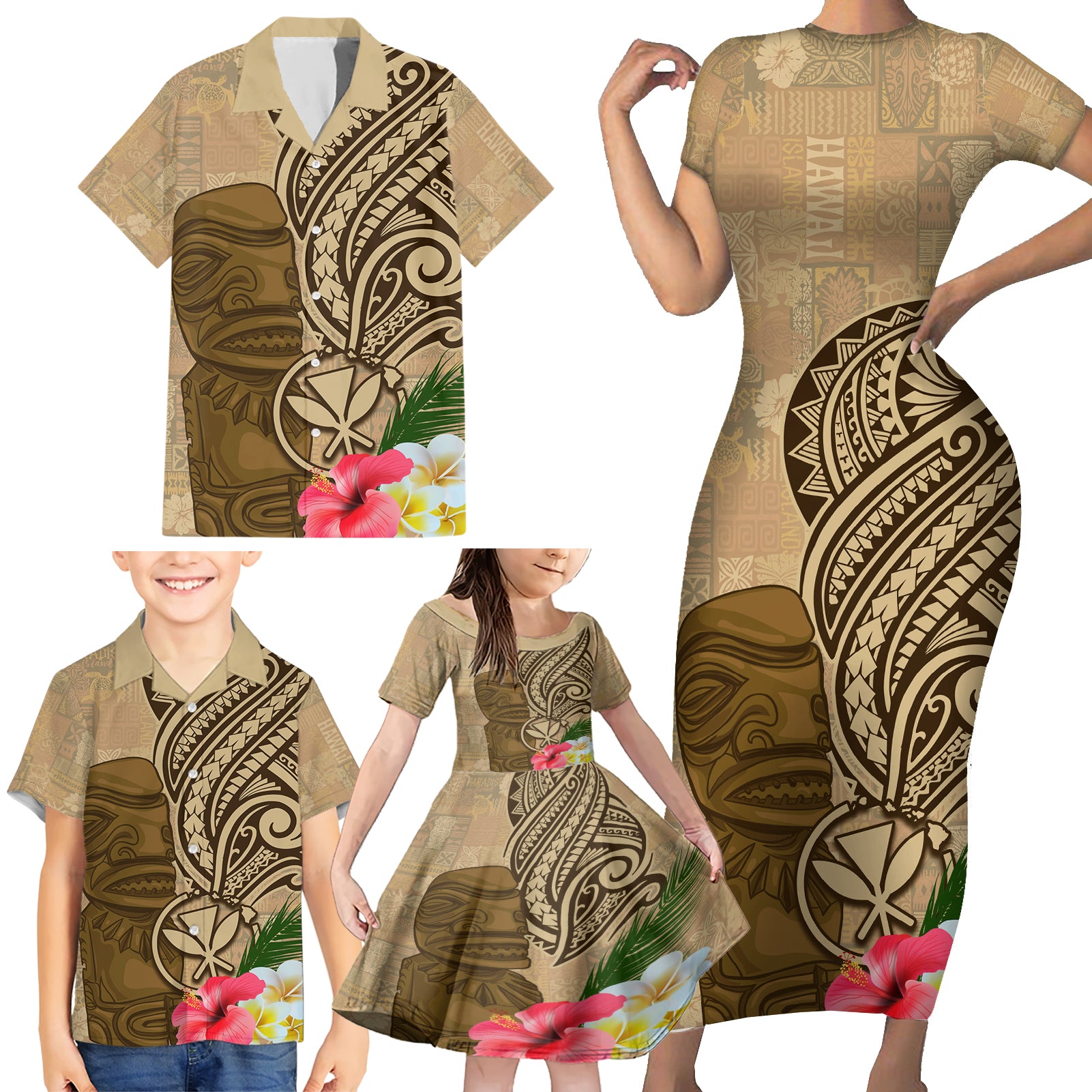 Hawaii Kanaloa Tiki Family Matching Short Sleeve Bodycon Dress and Hawaiian Shirt Polynesian Tattoo and Tapa Pattern
