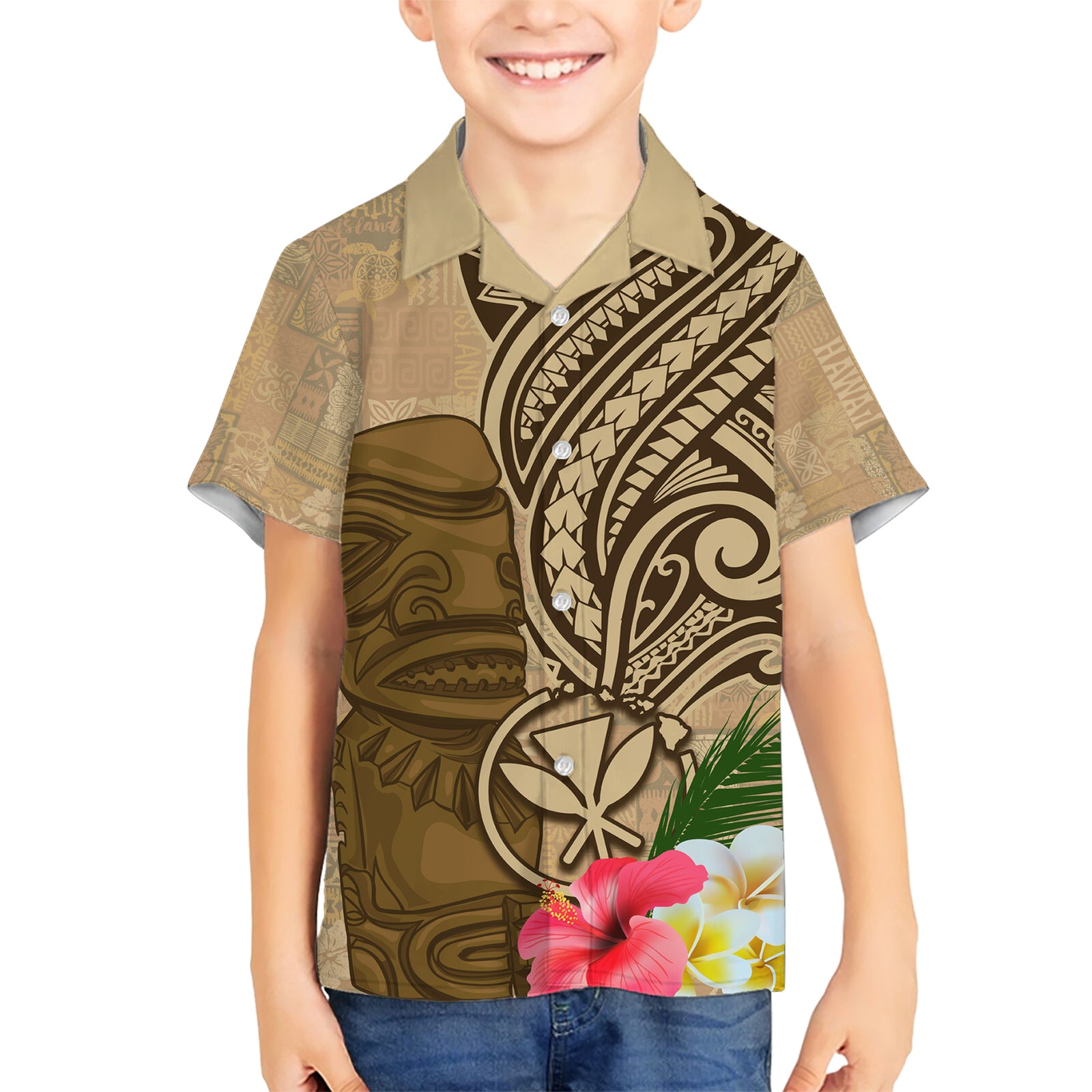 Hawaii Kanaloa Tiki Kid Hawaiian Shirt Polynesian Tattoo and Tapa Pattern LT03 Kid Beige - Polynesian Pride