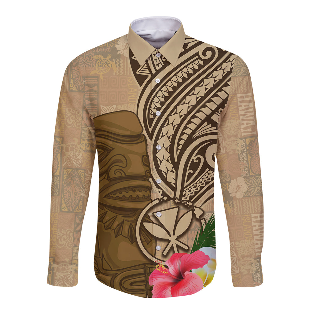 Hawaii Kanaloa Tiki Long Sleeve Button Shirt Polynesian Tattoo and Tapa Pattern