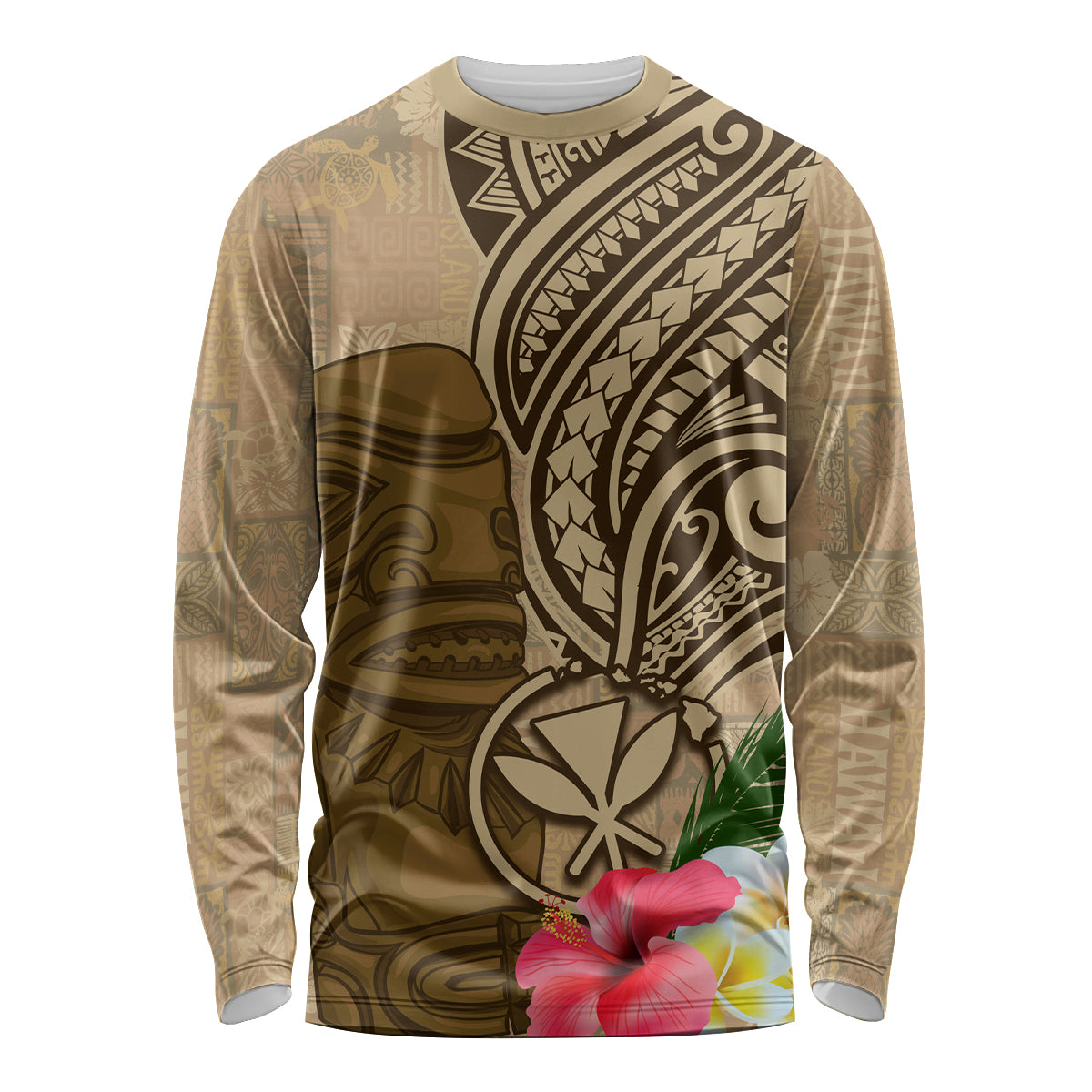 Hawaii Kanaloa Tiki Long Sleeve Shirt Polynesian Tattoo and Tapa Pattern LT03 Unisex Beige - Polynesian Pride