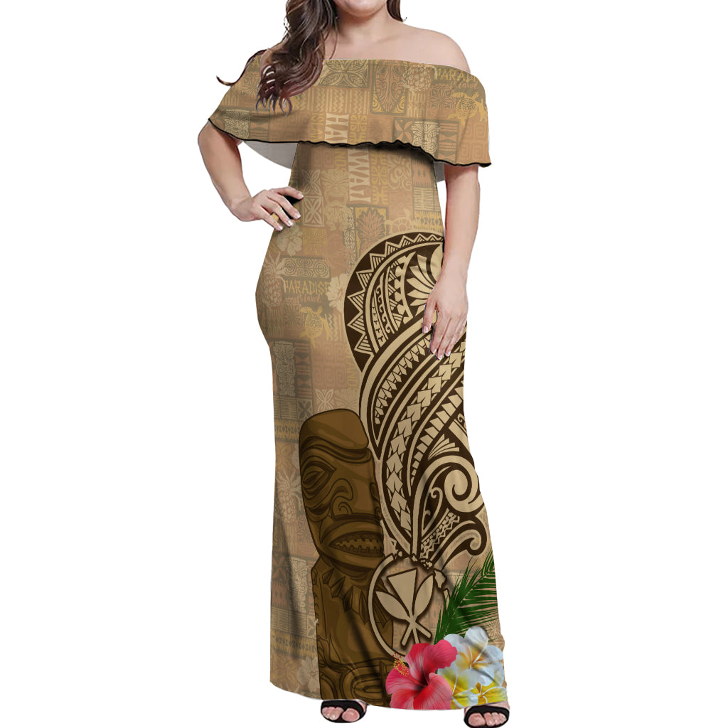 Hawaii Kanaloa Tiki Off Shoulder Maxi Dress Polynesian Tattoo and Tapa Pattern