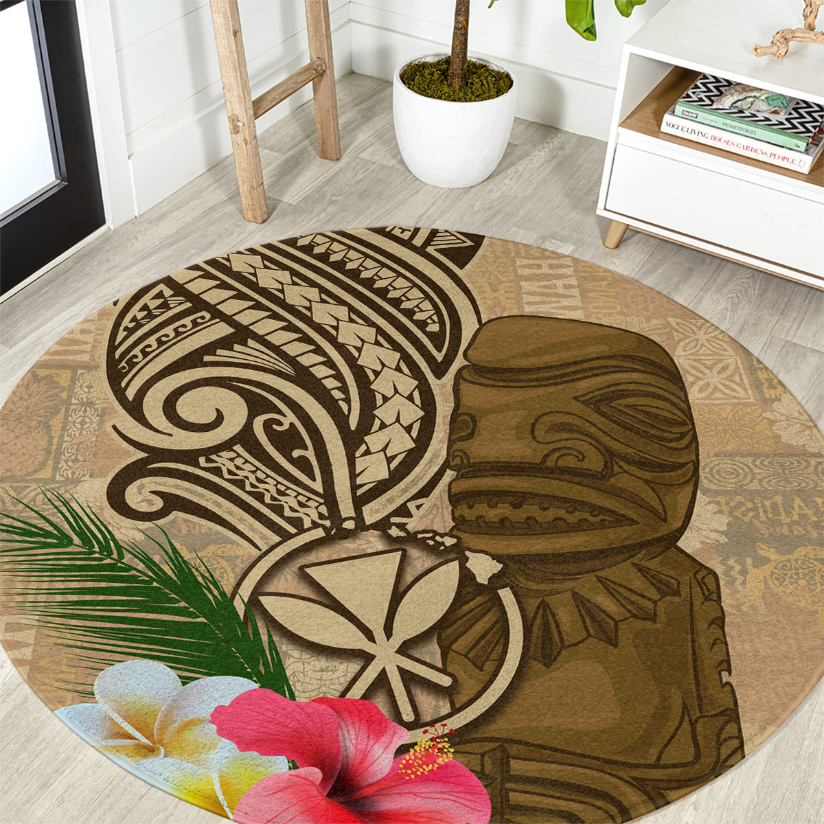 Hawaii Kanaloa Tiki Round Carpet Polynesian Tattoo and Tapa Pattern LT03 Beige - Polynesian Pride