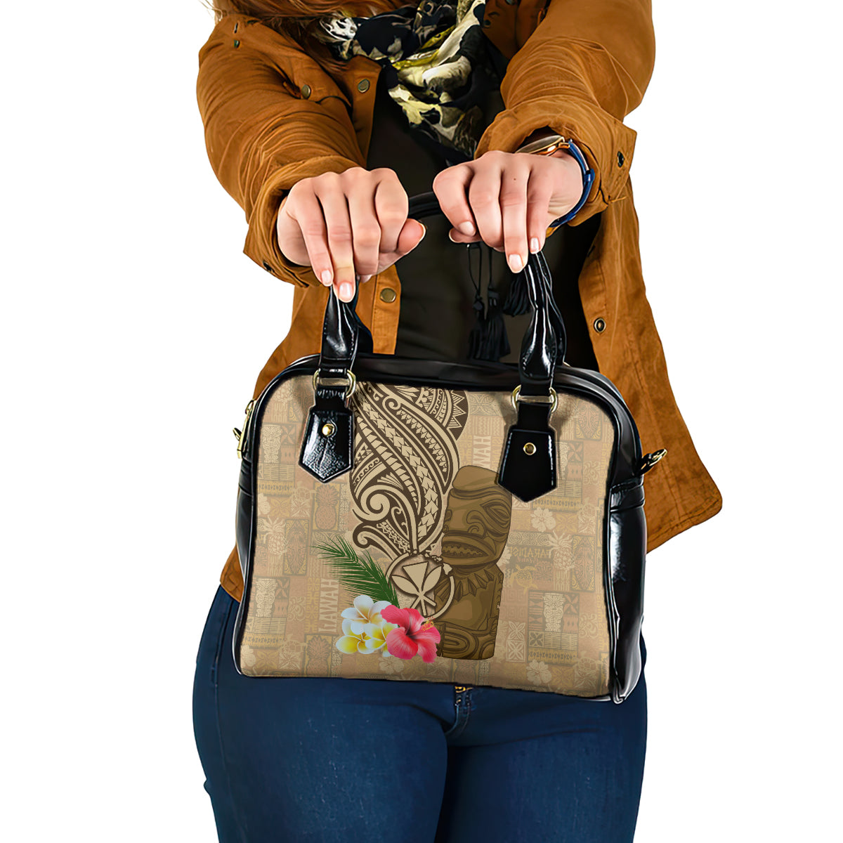 Hawaii Kanaloa Tiki Shoulder Handbag Polynesian Tattoo and Tapa Pattern LT03 One Size Beige - Polynesian Pride