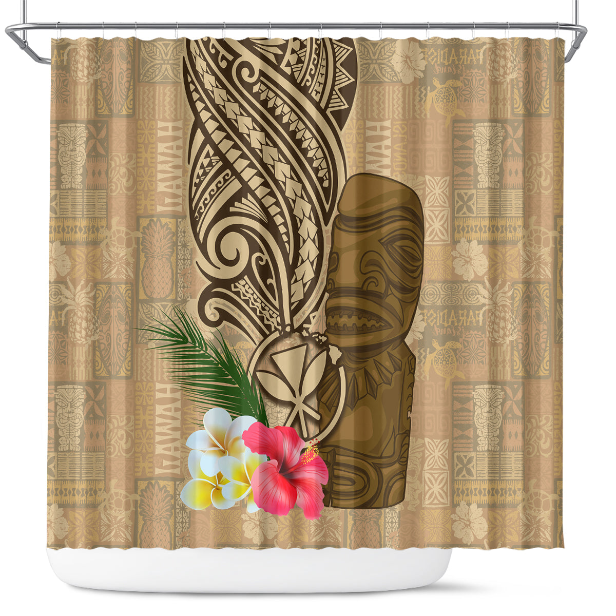 Hawaii Kanaloa Tiki Shower Curtain Polynesian Tattoo and Tapa Pattern LT03 Beige - Polynesian Pride