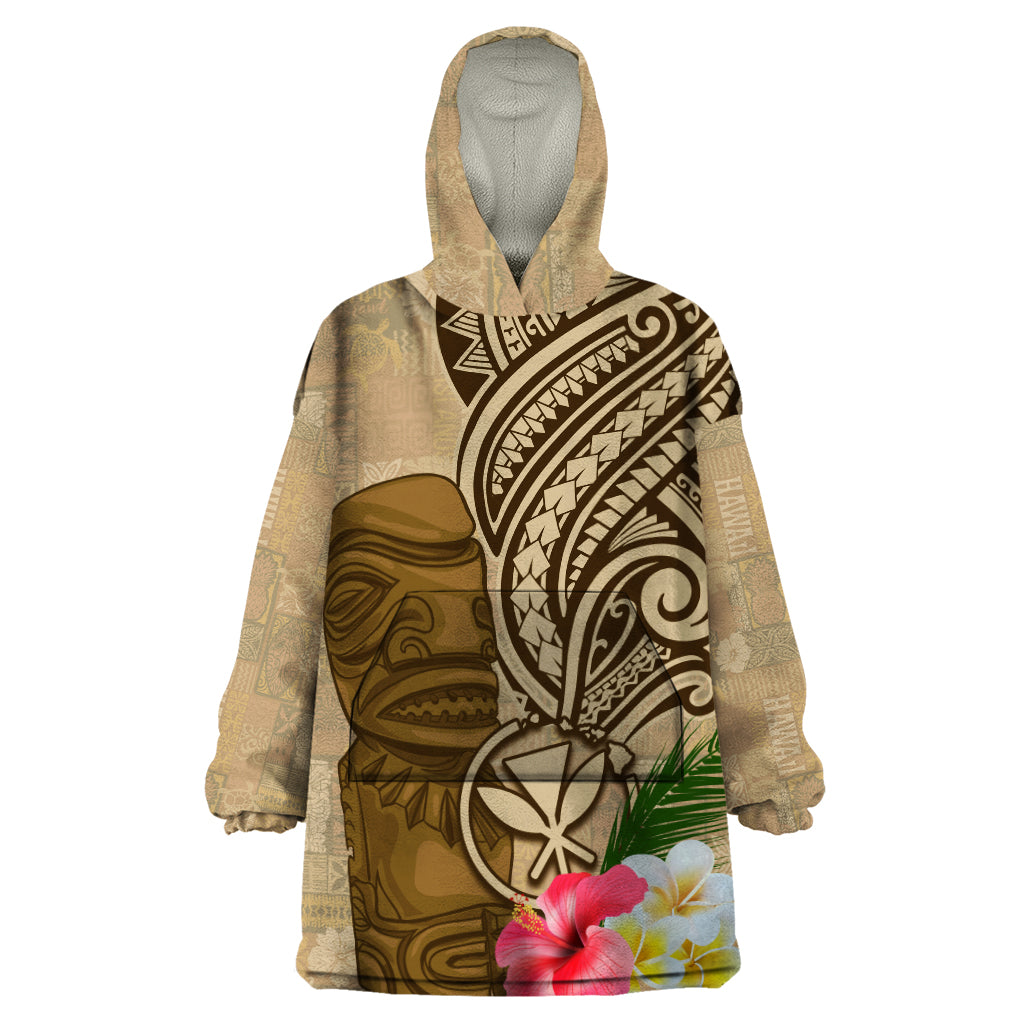 Hawaii Kanaloa Tiki Wearable Blanket Hoodie Polynesian Tattoo and Tapa Pattern LT03 One Size Beige - Polynesian Pride