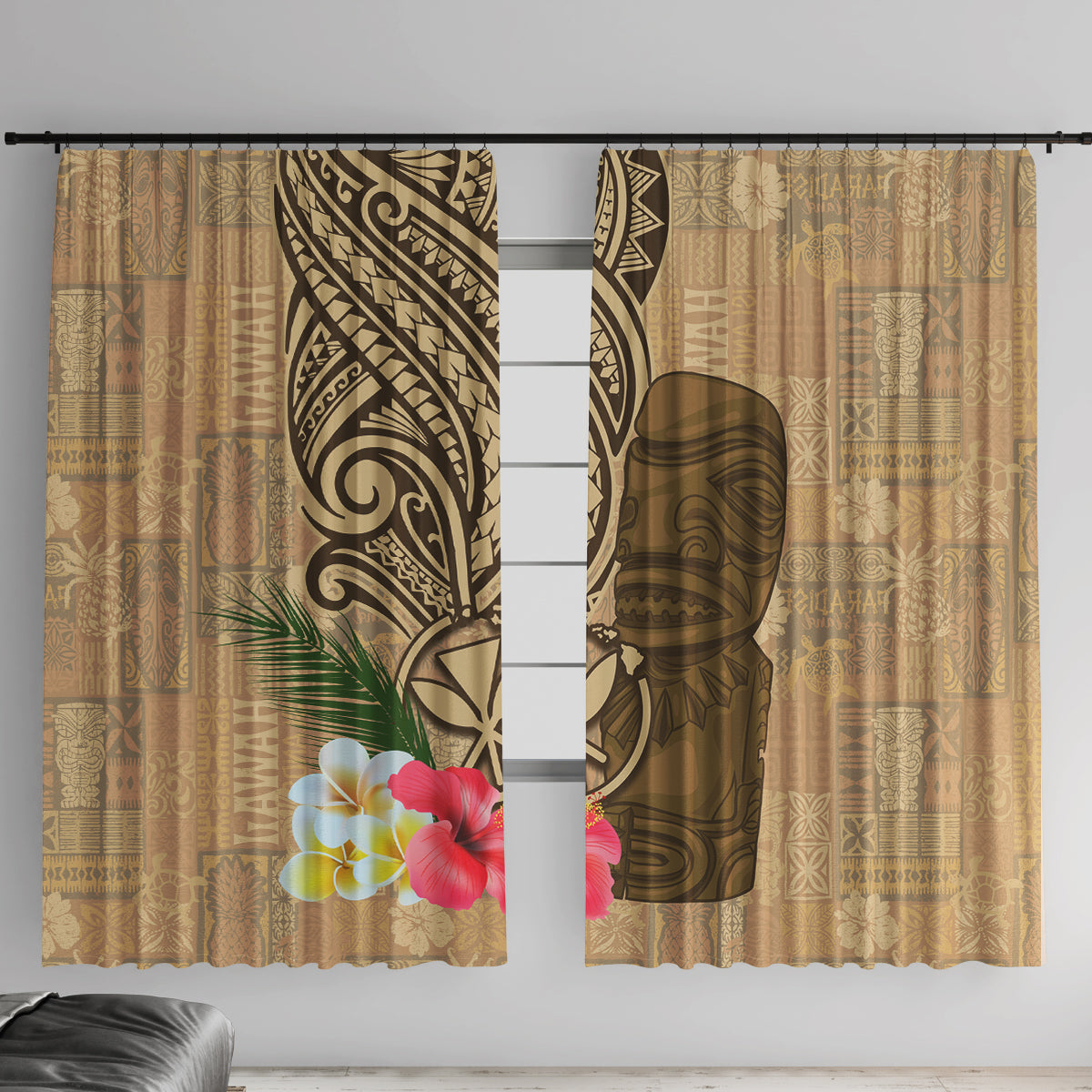 Hawaii Kanaloa Tiki Window Curtain Polynesian Tattoo and Tapa Pattern