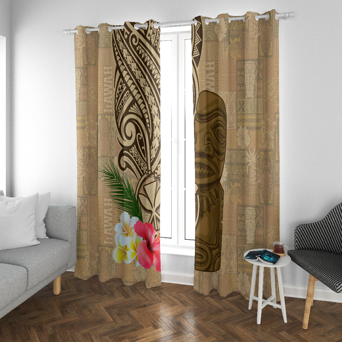Hawaii Kanaloa Tiki Window Curtain Polynesian Tattoo and Tapa Pattern LT03 With Grommets Beige - Polynesian Pride