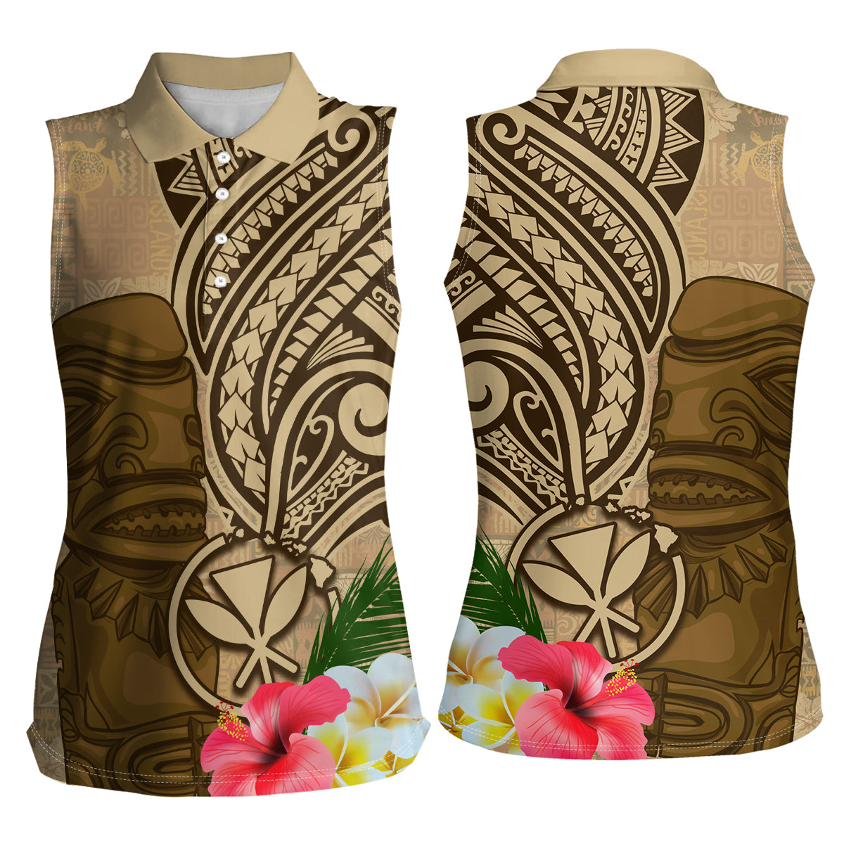Hawaii Kanaloa Tiki Women Sleeveless Polo Shirt Polynesian Tattoo and Tapa Pattern