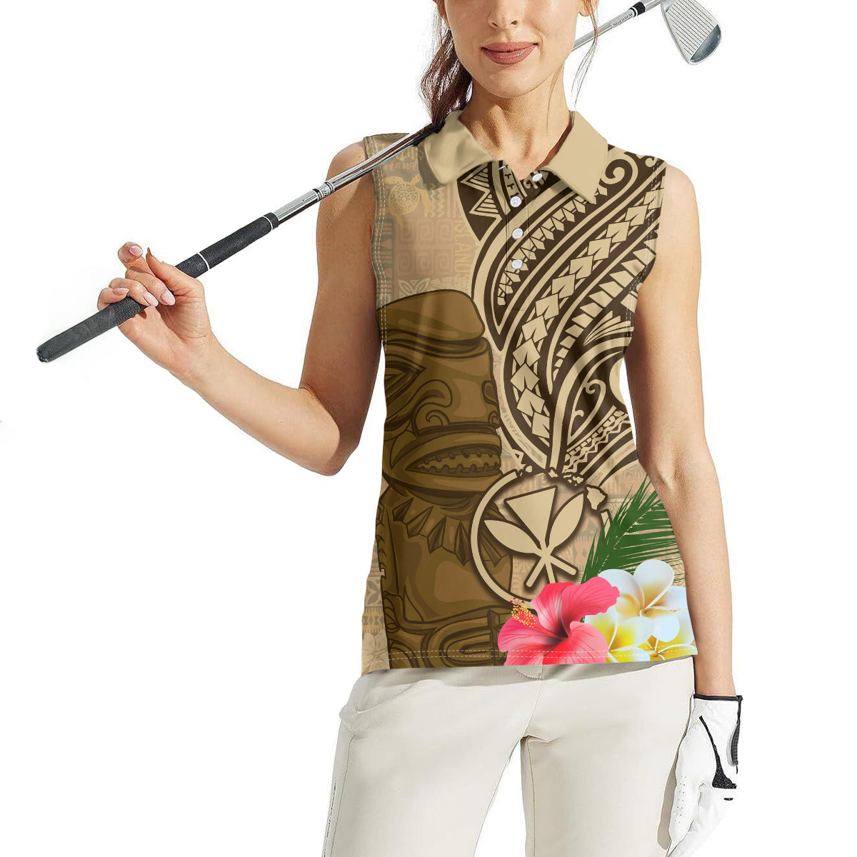 Hawaii Kanaloa Tiki Women Sleeveless Polo Shirt Polynesian Tattoo and Tapa Pattern