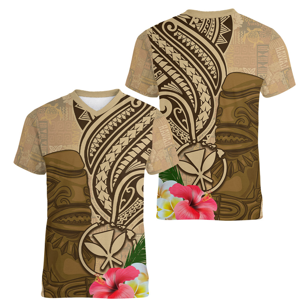 Hawaii Kanaloa Tiki Women V-Neck T-Shirt Polynesian Tattoo and Tapa Pattern
