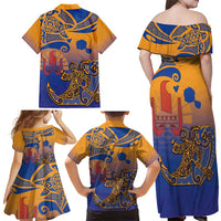 Hawaiki Nui Va'a Solo French Polynesia Family Matching Off Shoulder Maxi Dress and Hawaiian Shirt Sunset Color