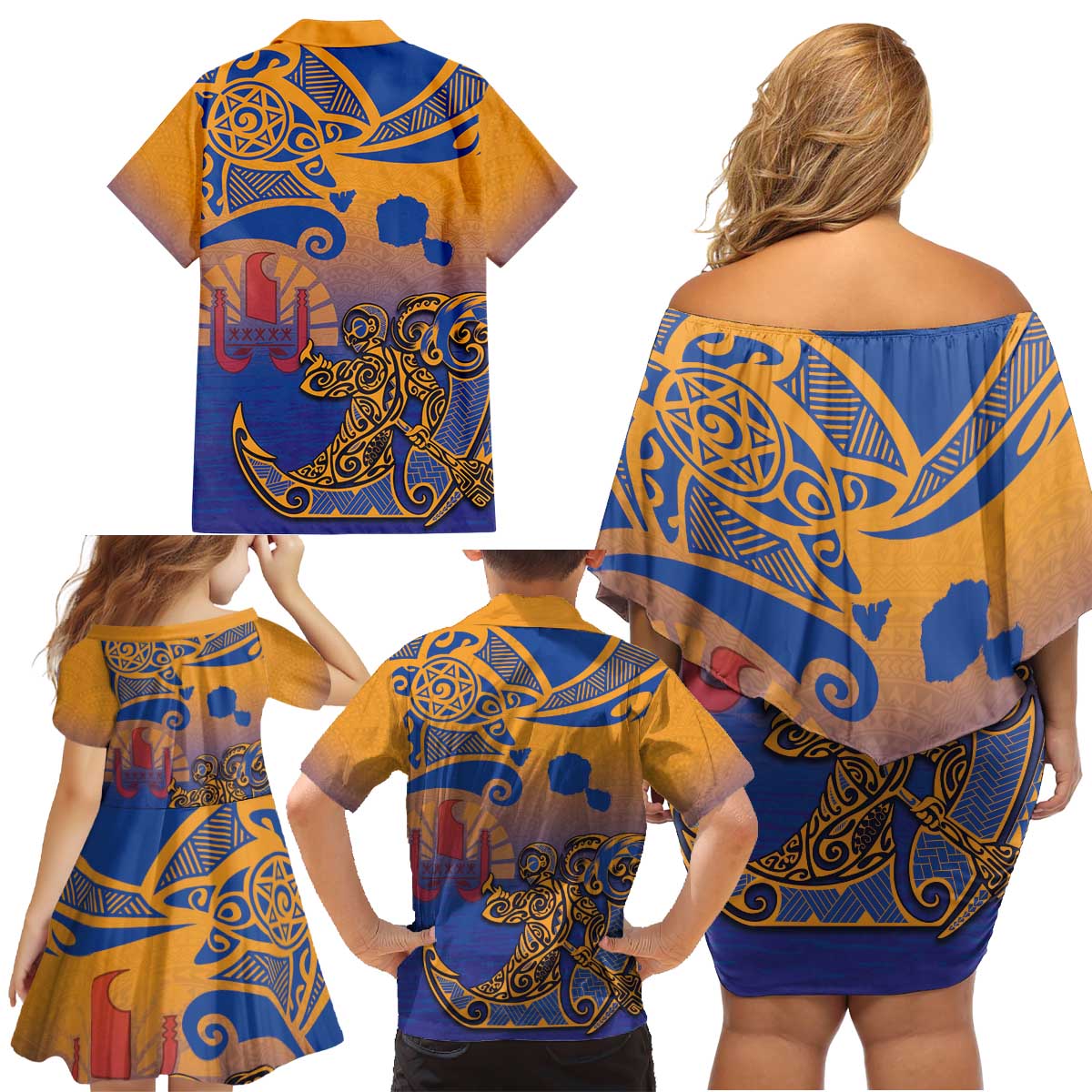 Hawaiki Nui Va'a Solo French Polynesia Family Matching Off Shoulder Short Dress and Hawaiian Shirt Sunset Color
