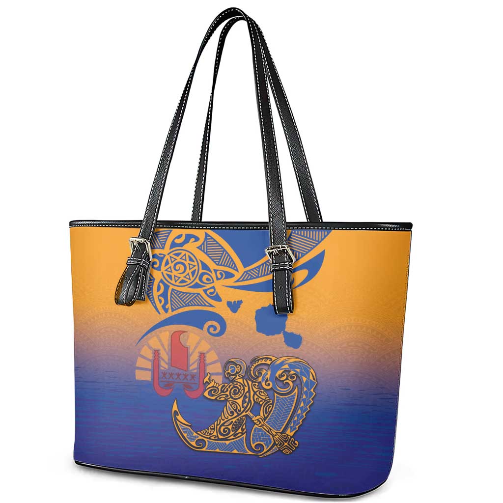 Hawaiki Nui Va'a Solo French Polynesia Leather Tote Bag Sunset Color