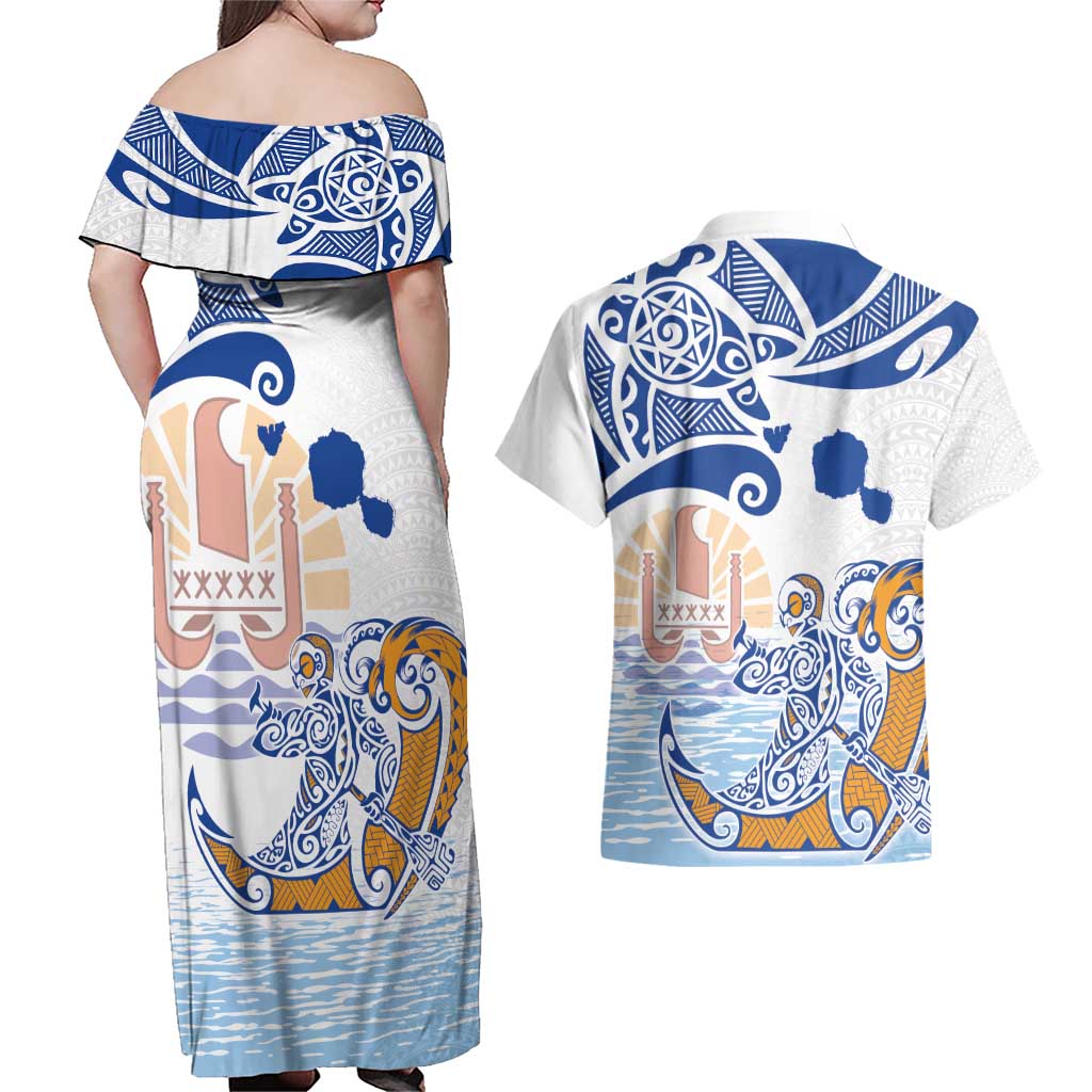 Hawaiki Nui Va'a Solo French Polynesia Couples Matching Off Shoulder Maxi Dress and Hawaiian Shirt Blue Color