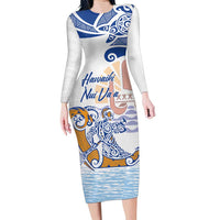 Hawaiki Nui Va'a Solo French Polynesia Family Matching Long Sleeve Bodycon Dress and Hawaiian Shirt Blue Color
