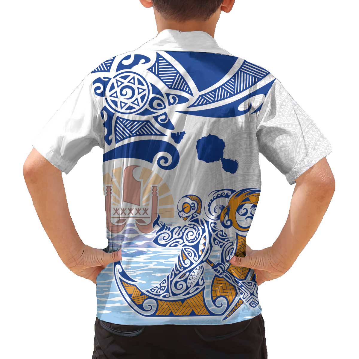 Hawaiki Nui Va'a Solo French Polynesia Family Matching Off The Shoulder Long Sleeve Dress and Hawaiian Shirt Blue Color