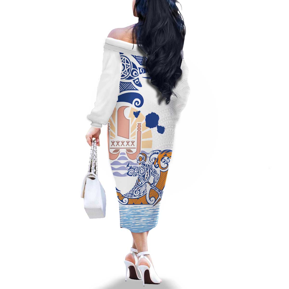 Hawaiki Nui Va'a Solo French Polynesia Family Matching Off The Shoulder Long Sleeve Dress and Hawaiian Shirt Blue Color