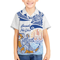 Hawaiki Nui Va'a Solo French Polynesia Family Matching Off The Shoulder Long Sleeve Dress and Hawaiian Shirt Blue Color