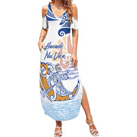 Hawaiki Nui Va'a Solo French Polynesia Family Matching Summer Maxi Dress and Hawaiian Shirt Blue Color