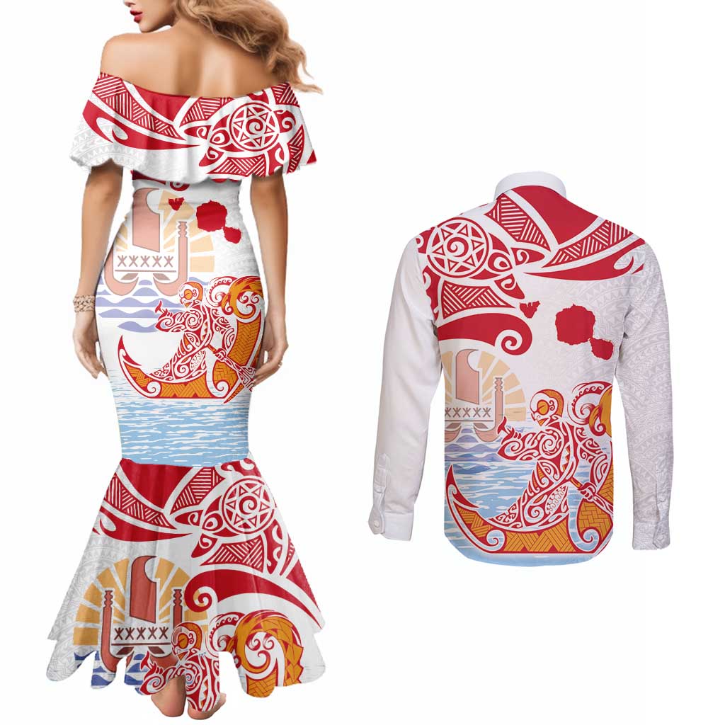 Hawaiki Nui Va'a Solo French Polynesia Couples Matching Mermaid Dress and Long Sleeve Button Shirt Red Color