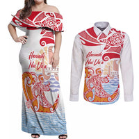 Hawaiki Nui Va'a Solo French Polynesia Couples Matching Off Shoulder Maxi Dress and Long Sleeve Button Shirt Red Color