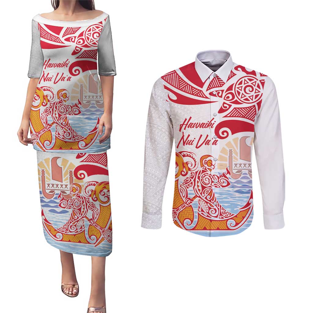 Hawaiki Nui Va'a Solo French Polynesia Couples Matching Puletasi and Long Sleeve Button Shirt Red Color