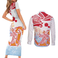 Hawaiki Nui Va'a Solo French Polynesia Couples Matching Short Sleeve Bodycon Dress and Long Sleeve Button Shirt Red Color