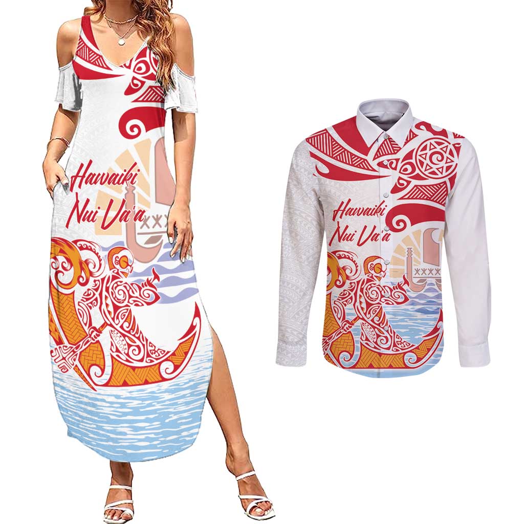 Hawaiki Nui Va'a Solo French Polynesia Couples Matching Summer Maxi Dress and Long Sleeve Button Shirt Red Color