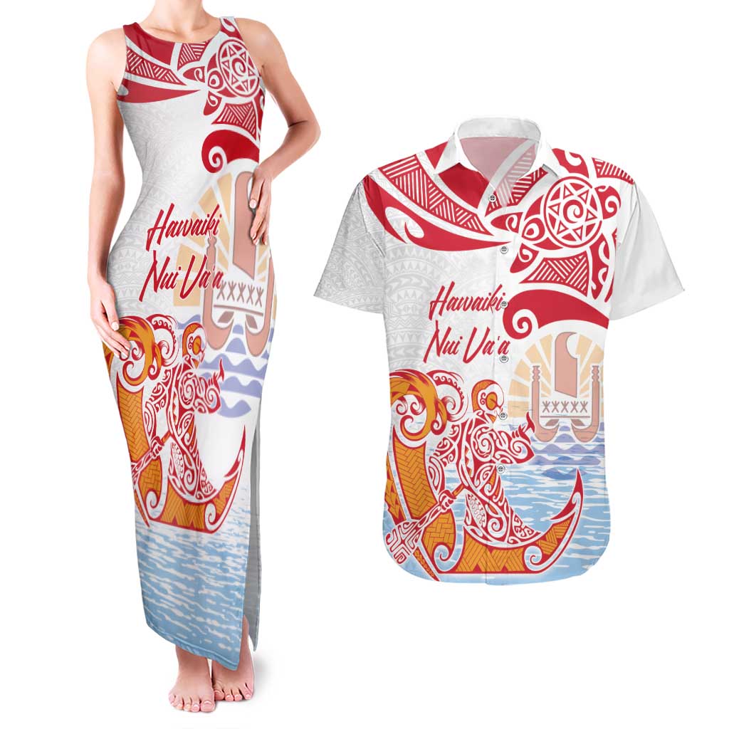 Hawaiki Nui Va'a Solo French Polynesia Couples Matching Tank Maxi Dress and Hawaiian Shirt Red Color