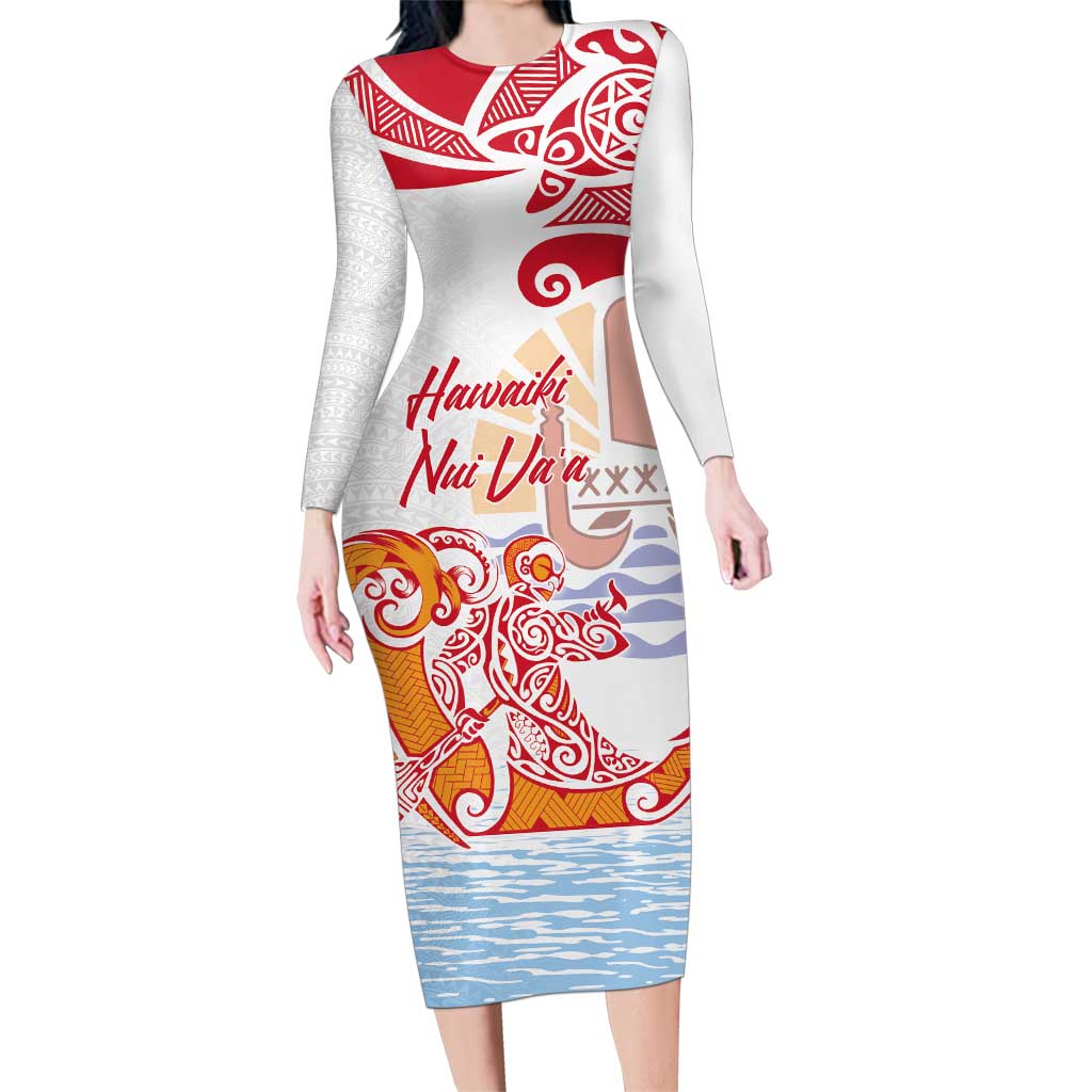 Hawaiki Nui Va'a Solo French Polynesia Family Matching Long Sleeve Bodycon Dress and Hawaiian Shirt Red Color