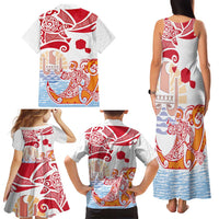 Hawaiki Nui Va'a Solo French Polynesia Family Matching Tank Maxi Dress and Hawaiian Shirt Red Color