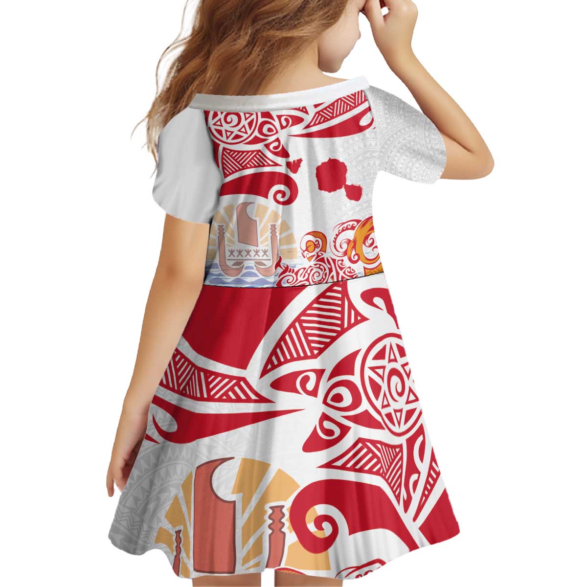 Hawaiki Nui Va'a Solo French Polynesia Kid Short Sleeve Dress Red Color
