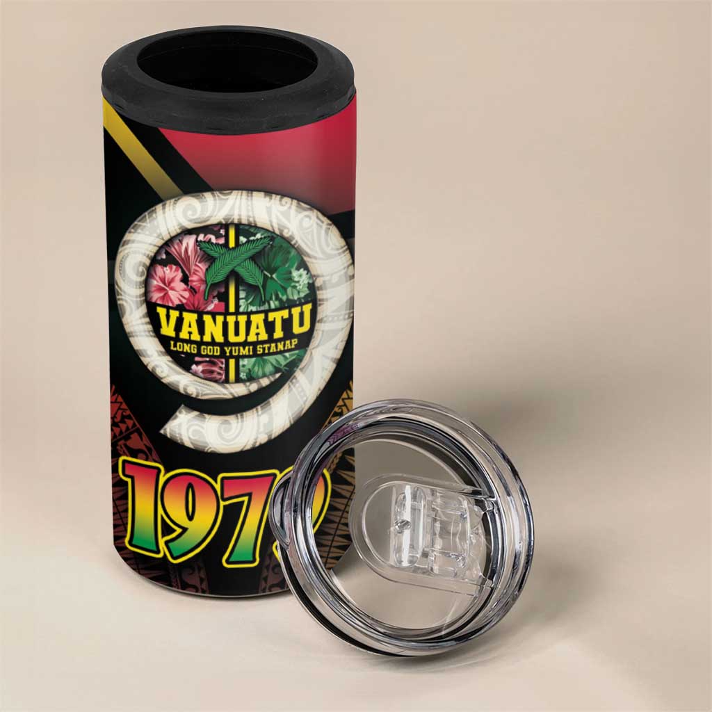 Vanuatu Constitution Day 4 in 1 Can Cooler Tumbler Polynesian Tattoo and Pig Tusk Since 1979