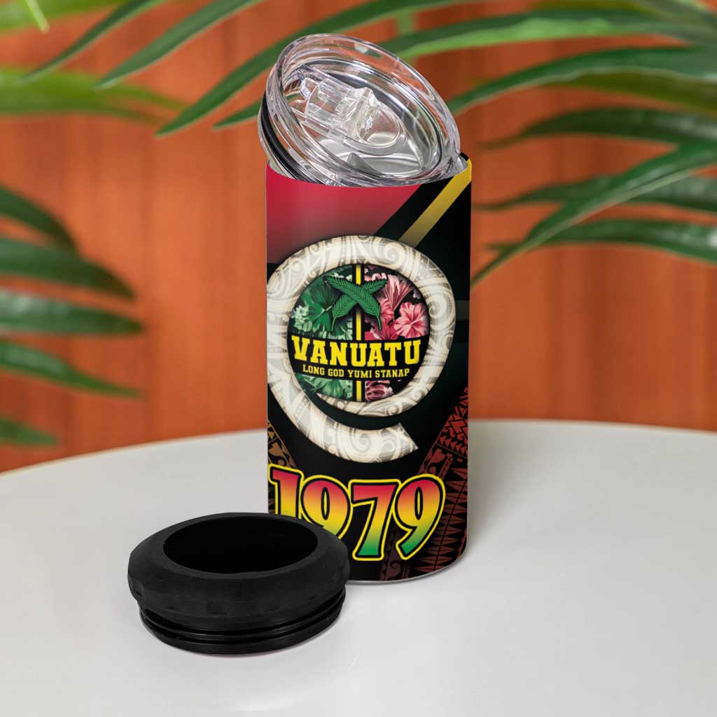 Vanuatu Constitution Day 4 in 1 Can Cooler Tumbler Polynesian Tattoo and Pig Tusk Since 1979
