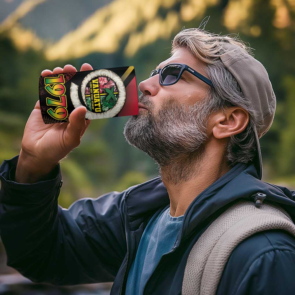 Vanuatu Constitution Day 4 in 1 Can Cooler Tumbler Polynesian Tattoo and Pig Tusk Since 1979