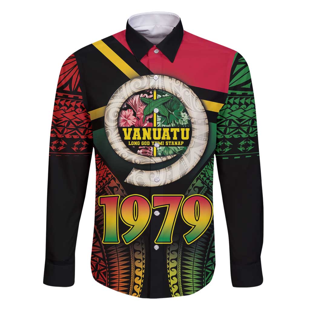 Vanuatu Constitution Day Family Matching Mermaid Dress and Hawaiian Shirt Polynesian Tattoo and Pig Tusk Since 1979 LT03 Dad's Shirt - Long Sleeve Black - Polynesian Pride