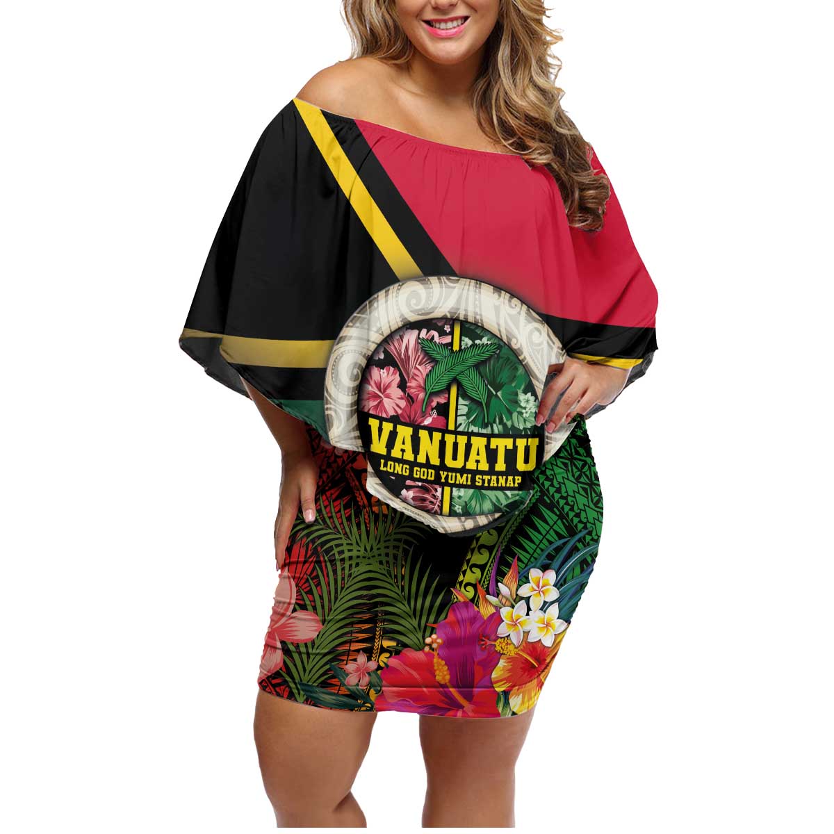 Vanuatu Constitution Day Family Matching Off Shoulder Short Dress and Hawaiian Shirt Polynesian Tattoo and Pig Tusk Since 1979
