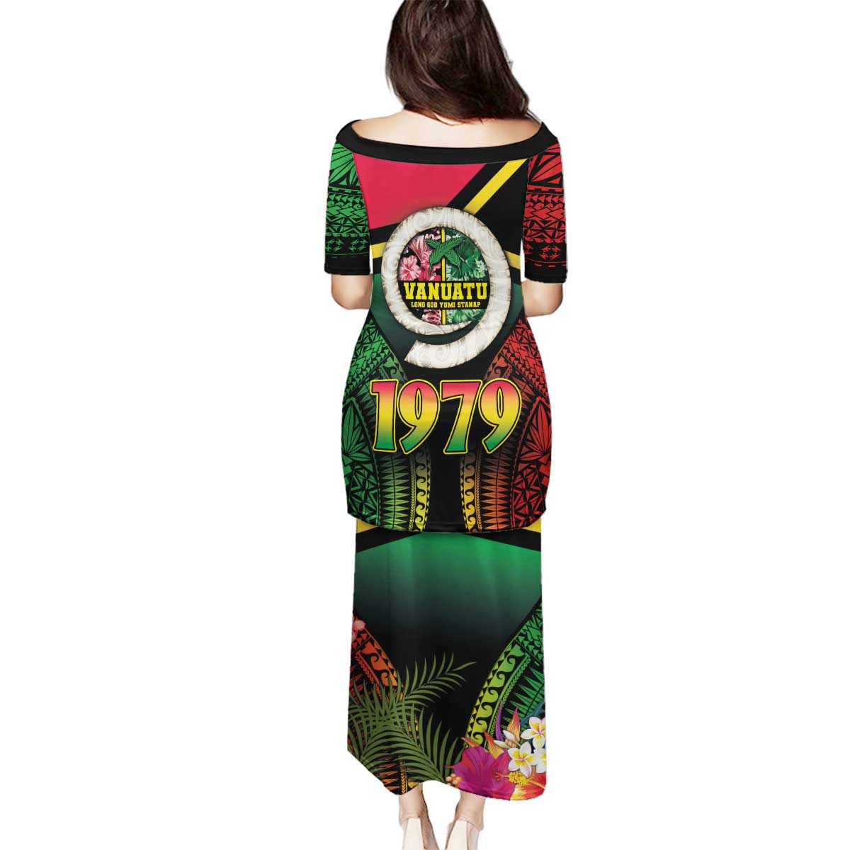 Vanuatu Constitution Day Family Matching Puletasi and Hawaiian Shirt Polynesian Tattoo and Pig Tusk Since 1979