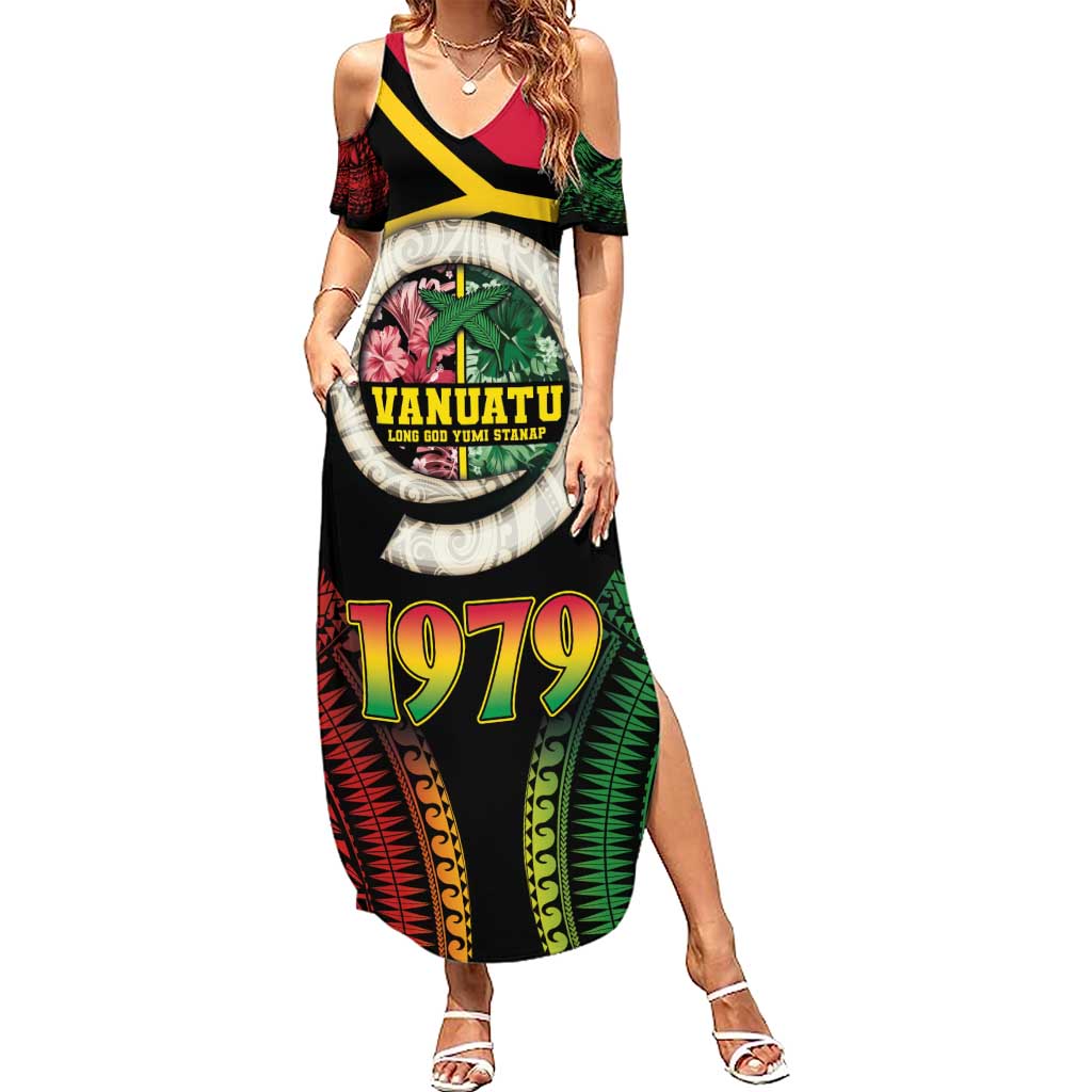 Vanuatu Constitution Day Family Matching Summer Maxi Dress and Hawaiian Shirt Polynesian Tattoo and Pig Tusk Since 1979