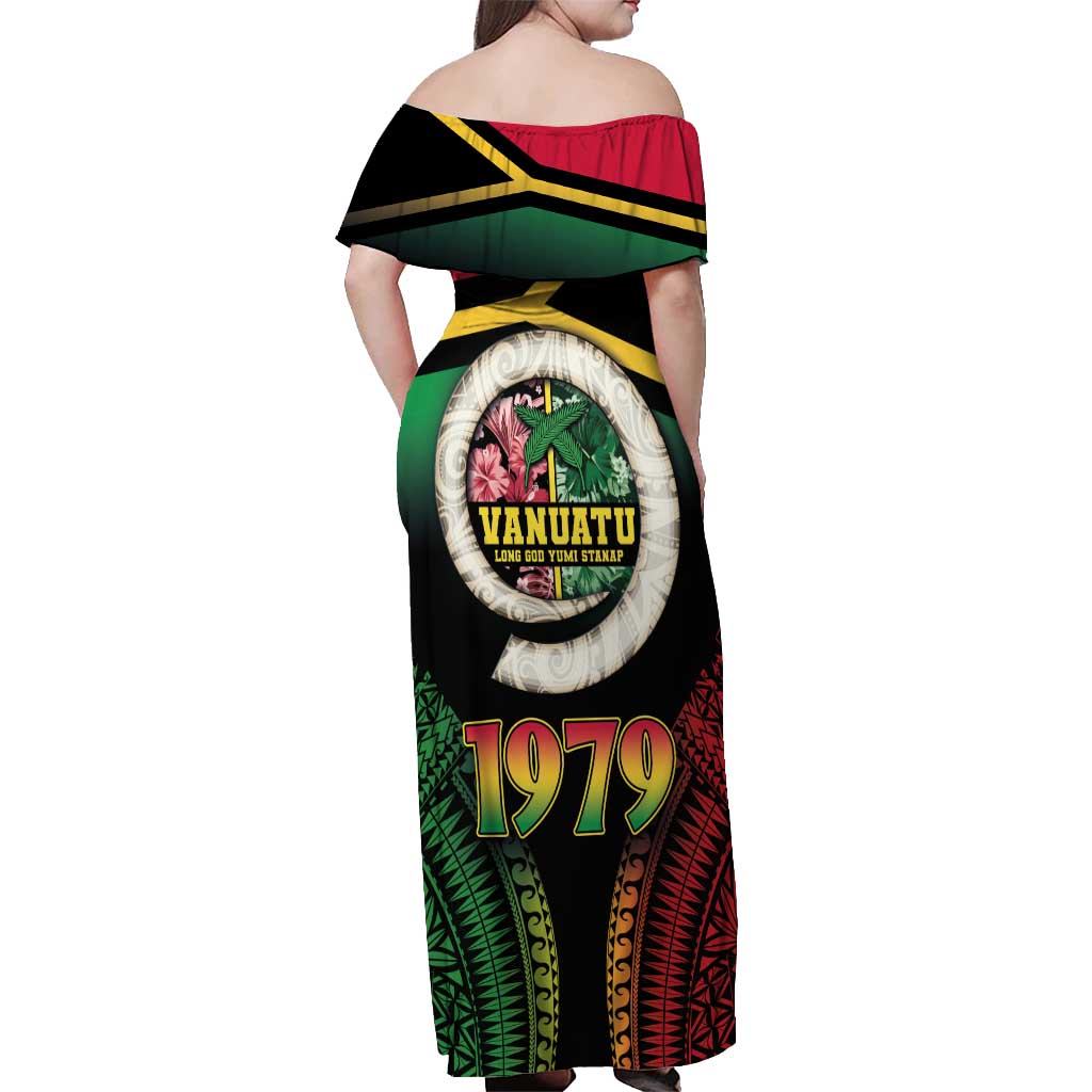 Vanuatu Constitution Day Off Shoulder Maxi Dress Polynesian Tattoo and Pig Tusk Since 1979 LT03 - Polynesian Pride