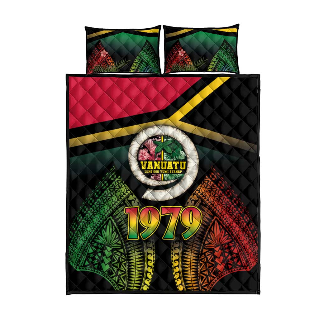 Vanuatu Constitution Day Quilt Bed Set Polynesian Tattoo and Pig Tusk Since 1979