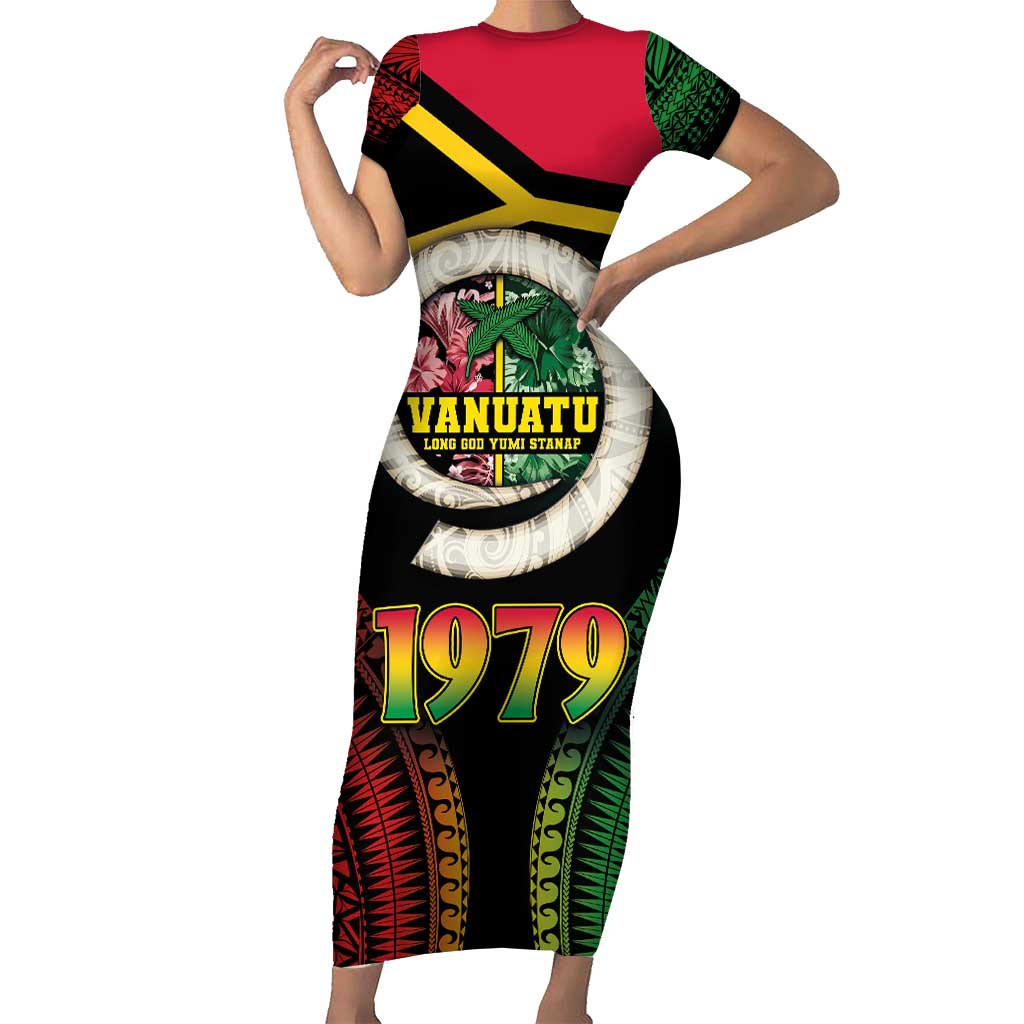 Vanuatu Constitution Day Short Sleeve Bodycon Dress Polynesian Tattoo and Pig Tusk Since 1979 LT03 Long Dress Black - Polynesian Pride
